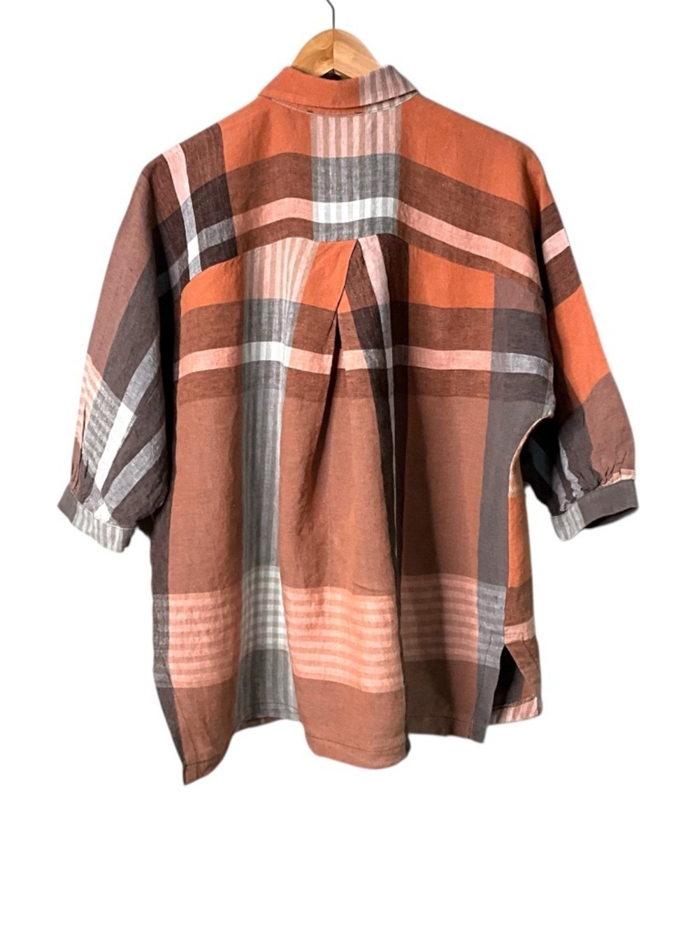 NOEN 100% Linen (Flax) Oversized Plaid Button Front Blouse US Sz 6 - Picture 4 of 10